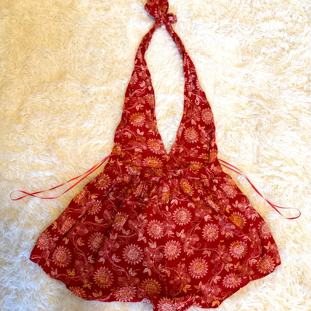 Red open back halter romper - Picture 2 of 3